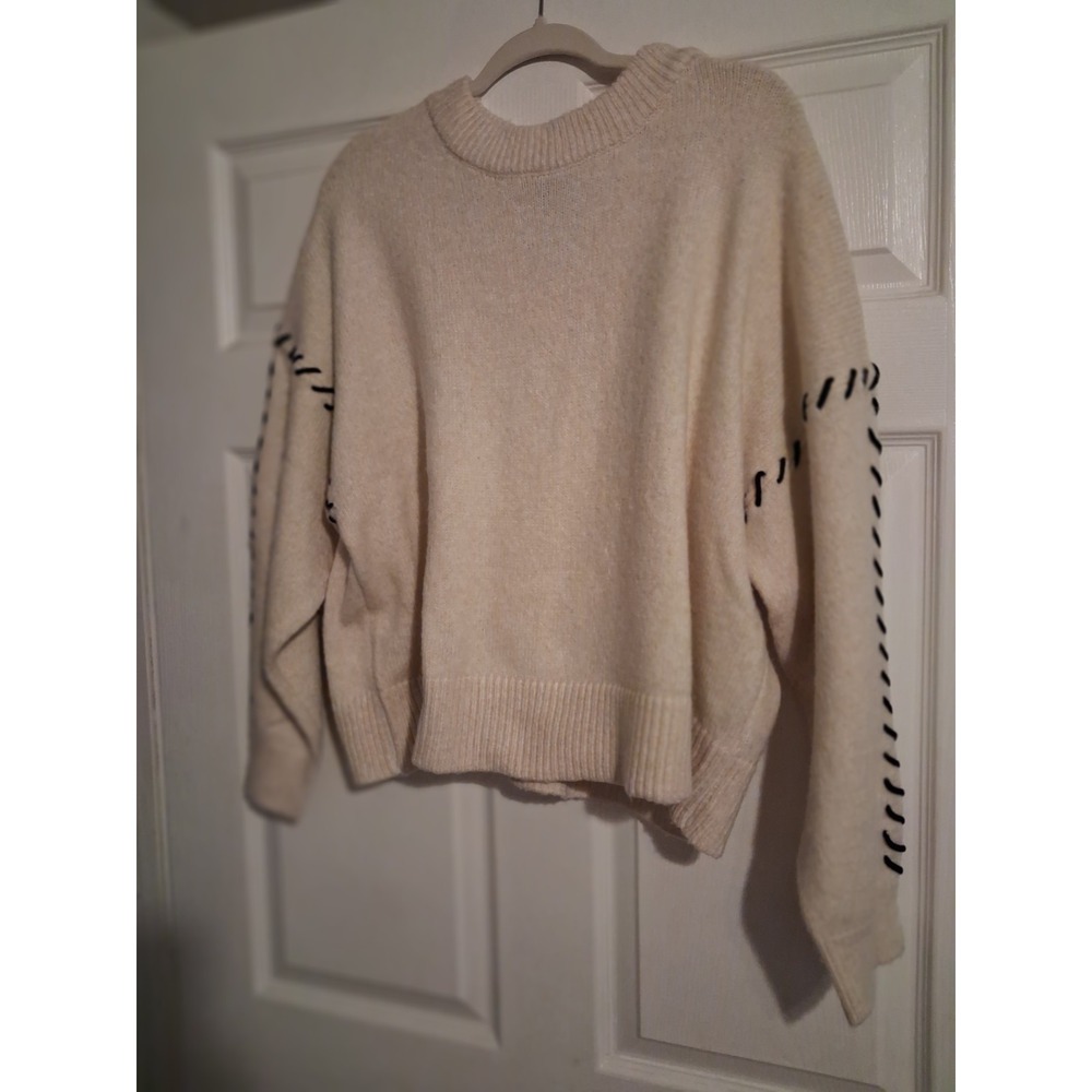 NWT Women Plus 2X Beige Cream Sweater Black Stitch Detail Long Sleeve Crewneck - Picture 2 of 11